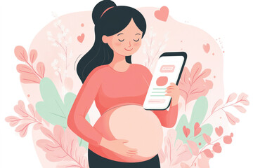 Illustration of a pregnant woman holding a smartphone, surrounded by soft pastel colors. A pregnancy app for a smartphone.