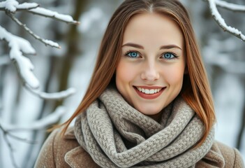 Wall Mural - Winter portrait of a young woman in a snowy forest