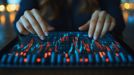 Poster - Data Driven Decisions: A woman's hands expertly navigate a digital tablet displaying dynamic stock market charts, highlighting the intricate dance of finance. The image captures the focus, precision.