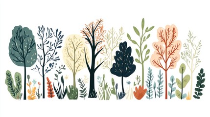 Colorful stylized trees & plants illustration, nature scene, design element