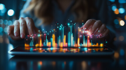 Poster - Data Visualization on Tablet: Woman interacts with vibrant, colorful data visualizations projected onto her tablet, showcasing dynamic graphs and cityscapes in a futuristic, technological setting.  
