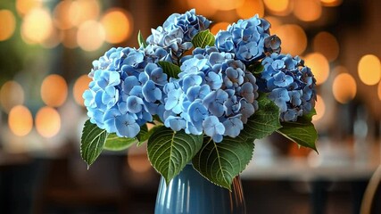 Poster - A vibrant display of blue hydrangeas sits elegantly in a vase on a restaurant table. The softly lit background creates a warm, inviting atmosphere ideal for a special holiday gathering.