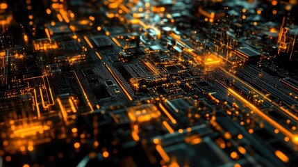 Poster - Complex network of circuits and processors transmitting vibrant orange energy, forming a captivating futuristic technological landscape filled with dynamic connections and innovative designs