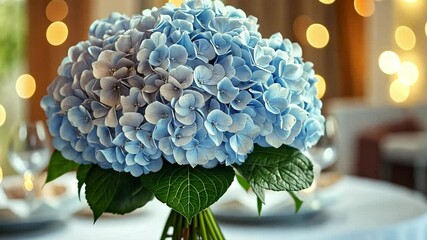 Poster - A stunning blue hydrangea arrangement sits elegantly as a centerpiece on a restaurant table, illuminated by soft lights, perfect for a festive holiday event.