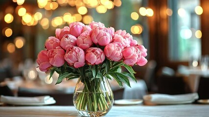 Poster - A stunning bouquet of pink flowers sits prominently on a table in a stylish restaurant.
