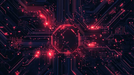 Poster - Complex electronic circuit board featuring glowing red lights, representing data processing and showcasing advanced technology in a sleek, futuristic design