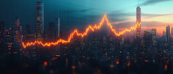 Poster - Cityscape Growth: A captivating image of a city skyline with a vibrant, orange upward trend line surging through its heart, symbolizing growth, progress, and the promise of a bright future. 