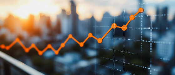 Poster - ascending growth: a vibrant orange line chart on a digital screen, showcasing a positive upward tren