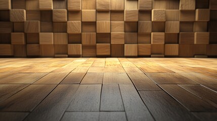 Wall Mural - Wooden wall with a wooden floor. The floor is empty and the wall is made of wooden blocks