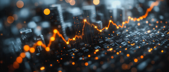 Poster - data visualization: a captivating abstract visualization of financial data, with a glowing orange li