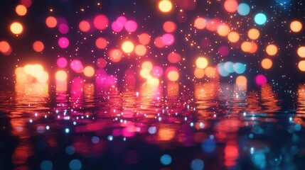Poster - Vibrant Abstract Background with Colorful Bokeh Lights Reflected on Water Surface in a Dreamy, Enchanting Night Scene Ideal for Artistic Projects and Creative Designs