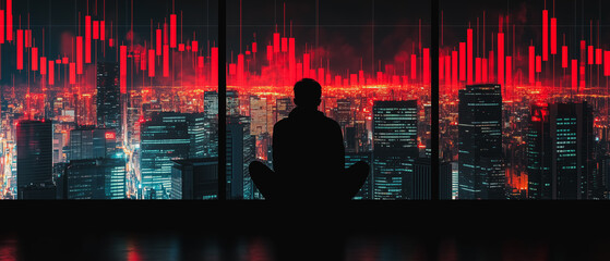Poster - Night City Trader: A lone figure meditates before a panoramic cityscape at night, illuminated by dynamic red stock market graphs projected onto a vast window.  The scene evokes contemplation, risk.