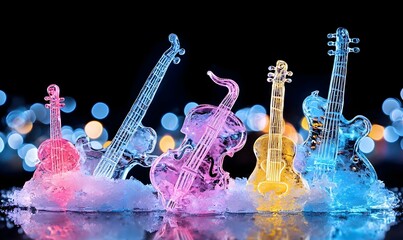 Poster - Ice sculptures create a stunning musical instrument, showcasing intricate designs and shimmering textures in a winter wonderland.