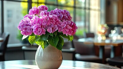 Poster - A stunning vase filled with vibrant pink flowers sits gracefully on a table in a restaurant. The atmosphere is festive and welcoming, perfect for a holiday celebration with loved ones.