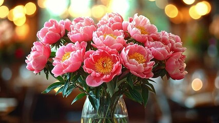 Poster - A beautiful bouquet of pink peonies is showcased on a table within a cozy restaurant setting.