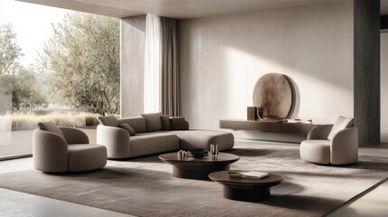 Wall Mural - Modern minimalist living room with elegant beige furniture and large windows