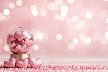 Valentine's themed snow globe with floating heart confetti, soft and dreamy textures, fantasy tone.