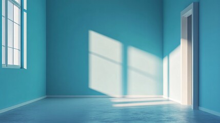 Wall Mural - Room with a blue wall and white floor. The room is empty and has no furniture. The sunlight is shining through the windows, creating a bright and airy atmosphere