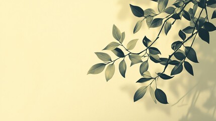 Poster - Leafy branch casts a shadow on a white background. Concept of tranquility and calmness, as the leafy branch and its shadow create a peaceful atmosphere