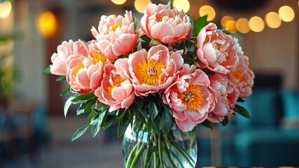 Poster - A beautiful bouquet of pink peonies sits elegantly in a glass vase within a bustling restaurant. The arrangement adds a festive touch to the holiday atmosphere, perfect for the special event.