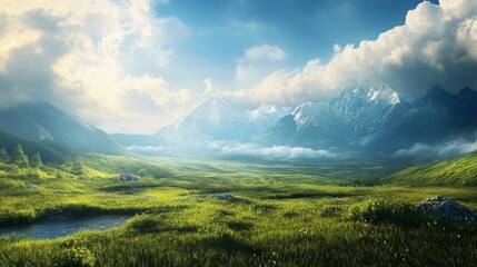 Wall Mural - Beautiful mountain landscape with a large field of grass and a small stream. The sky is clear and the sun is shining, creating a peaceful and serene atmosphere