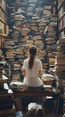 Poster - Teacher engaging with students in a cozy library surrounded by towering bookshelves filled with books during a sunny afternoon