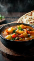 Poster - Steaming vegetable stew in a bowl beside freshly baked flatbread on a wooden table