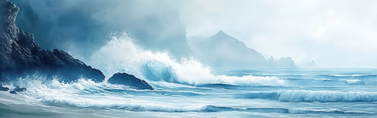 Aufkleber - Beautiful watercolor illustration of ocean waves crashing against rocky coastline at dawn
