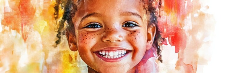 Poster - Smiling child with freckles and curly hair on a vibrant watercolor background in a joyful setting