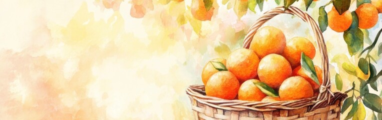Poster - Close-up of a woven basket filled with fresh, ripe oranges surrounded by a vibrant watercolor background depicting a sunny orchard