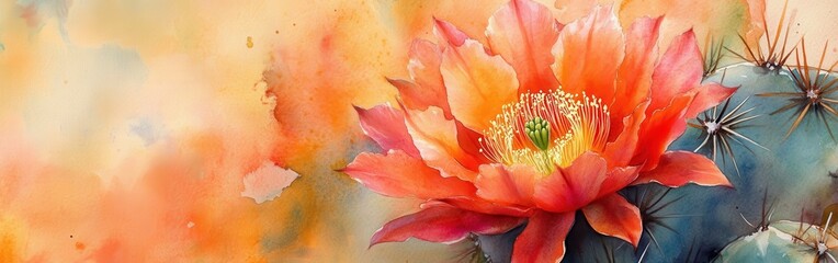 Poster - Close-up view of vibrant cactus flower against a colorful watercolor background showcasing nature's beauty