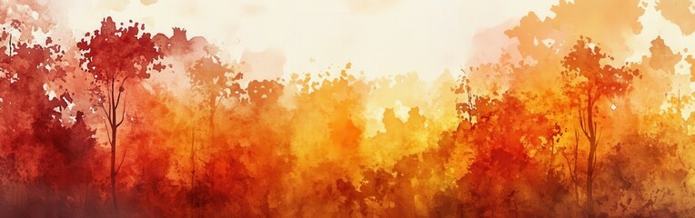 Aufkleber - Warm autumn-inspired watercolor forest landscape depicting vibrant hues of orange, red, and yellow