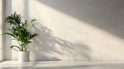 Wall Mural - Potted plant sits in front of a white wall, casting a shadow on the floor. The room is empty and the plant is the only object in the space