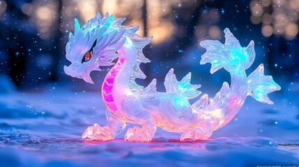 Poster - Snow dragon sculpture illuminated by vibrant colors, showcasing intricate details and a magical winter atmosphere.
