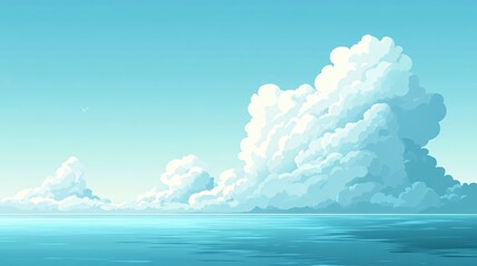 Wall Mural - Blue sky with clouds and a calm ocean. The sky is clear and the clouds are fluffy