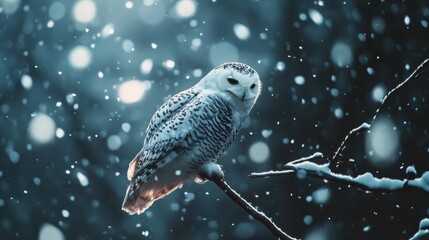 Aufkleber - Snowy owl perched on a branch amidst falling snowflakes in a winter forest setting