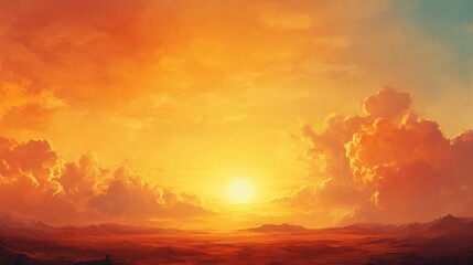 Wall Mural - Painting of a sunset with a large sun in the sky. The sky is orange and the clouds are white