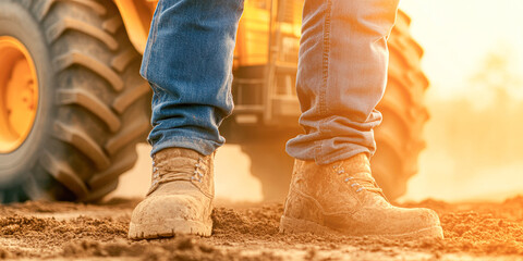 Wall Mural - A man in work boots stands in front of a tractor