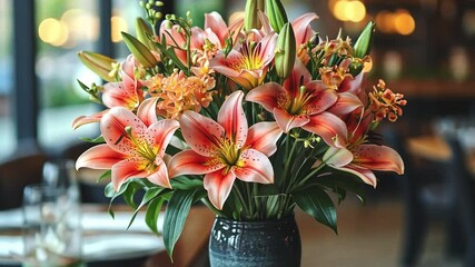 Poster - A beautifully arranged bouquet of pink lilies and orchids sits in a vase on a dining table. The restaurant ambiance is warm, perfect for celebrating a special holiday event with friends and family.