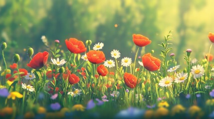 Aufkleber - Colors of spring bloom in a vibrant field filled with wildflowers under soft sunlight