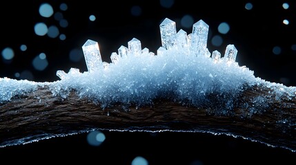 Poster - Intricate Ice Crystals on a Branch, delicate frost formations glistening in winter sunlight, showcasing nature's artistry and fragile beauty.