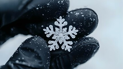 Aufkleber - Intricate Snowflake on a Glove, a delicate snowflake rests on a textured glove, showcasing nature's artistry in winter's embrace.
