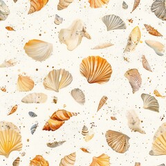 Poster - Whimsical watercolor doodle of colorful seashells scattered against a cream background