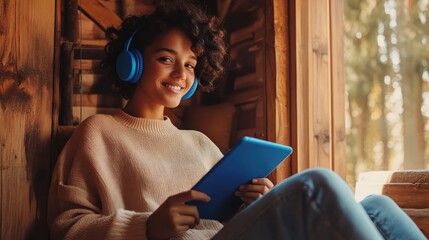 Poster - Young woman enjoys tablet and music by window in cozy cabin setting surrounded by nature