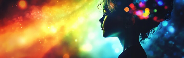 Poster - Vibrant visualization of a child glowing against a colorful background with light reflections in a dreamy atmosphere