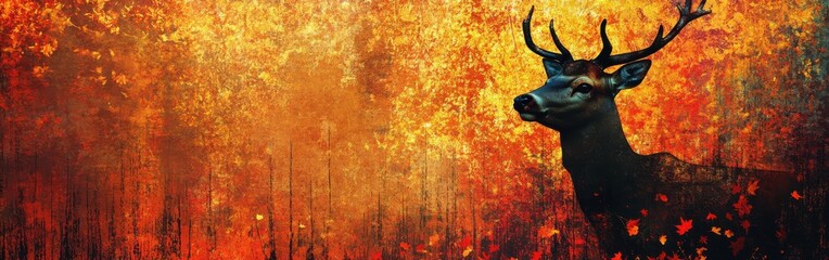 Poster - Silhouette of a glowing deer surrounded by vibrant autumn foliage in a tranquil setting at dusk