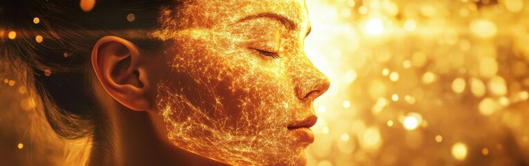Aufkleber - Surreal representation of a woman's face adorned with golden light and sparkling elements captures ethereal beauty and transformation