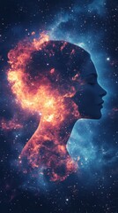 Poster - Surreal glowing representation of a woman amidst a cosmic backdrop during a dreamlike night