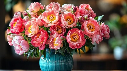 Poster - A vibrant bouquet of pink peonies fills a turquoise vase, enhancing the ambience of the restaurant during a holiday gathering. The arrangement adds a festive touch to the atmosphere.
