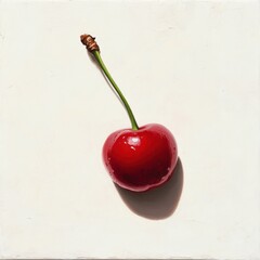 Poster - Ripe red cherry on light background highlighting its shiny texture and green stem during summer harvest season